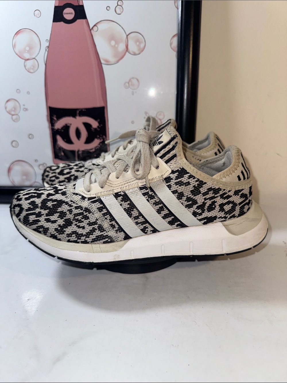 adidas Swift Run X Black and Cream Leopard Knit Sneakers - Women’s Size 7.5